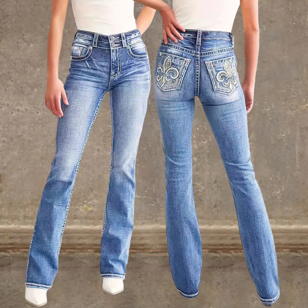 Damen Flared Jeans im Vintage-Stil mit hochgradigem Detail und raffinierten Stickereien EB