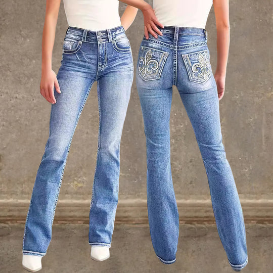Damen Flared Jeans im Vintage-Stil mit hochgradigem Detail und raffinierten Stickereien EB