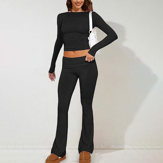 Damen nan zweiteiliges Stretch-Lounge-Set mit tailliertem Langarm-Crop-Top und High‑Waist Schlagleggings EB