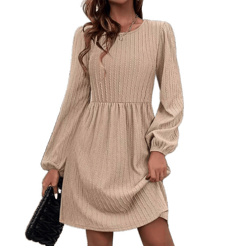 Damen Rippstrick A-Linien Kleid mit Puffärmeln EB