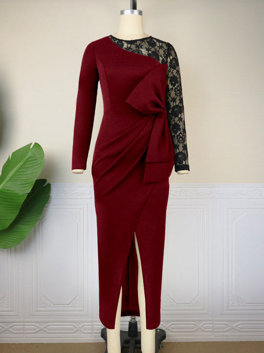 Damen elegantes Etuikleid mit aufwendigem Spitzenärmel und drapiertem Saum EB