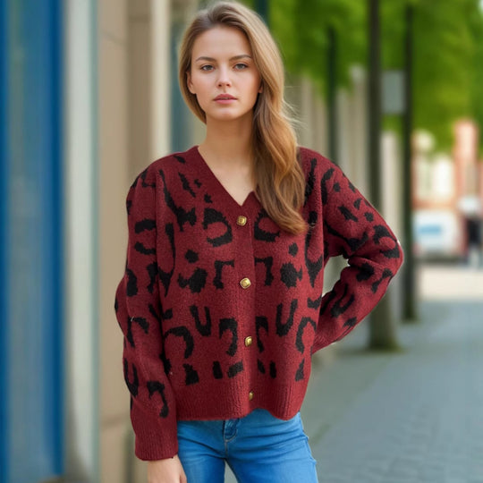 Damen Strickjacke im modernen Leopardenmuster mit Knopfdetails EB