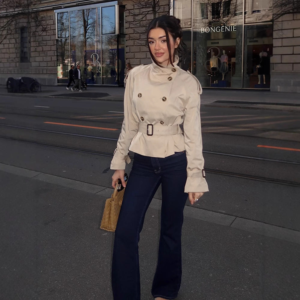Damen Trenchcoat mit Taillengürtel und dekorativen Knopfdetails EB