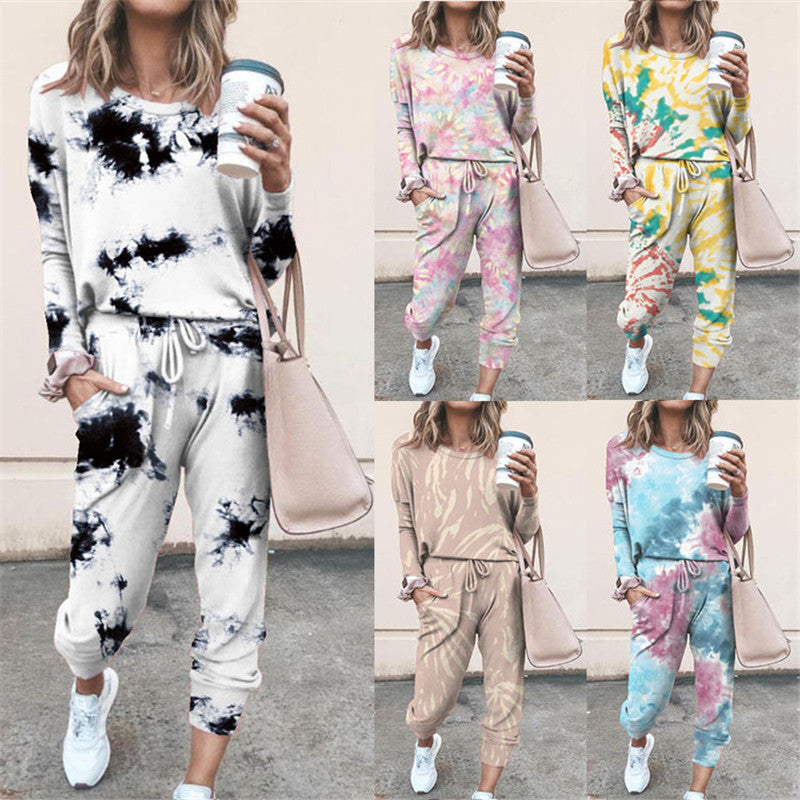 Damen Lässiger Tie-Dye Lounge-Jumpsuit mit Kordelzug und Eingrifftaschen EB