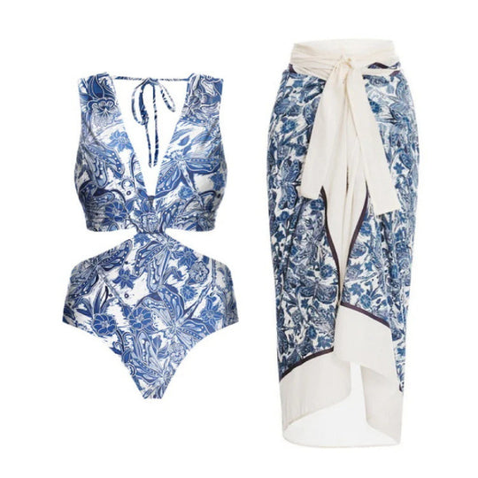 Damen Badeanzug-Set mit elegantem Wickelrock und modischem Floral-Design EB