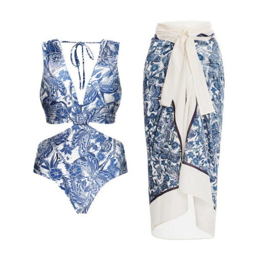 Damen Badeanzug-Set mit elegantem Wickelrock und modischem Floral-Design EB