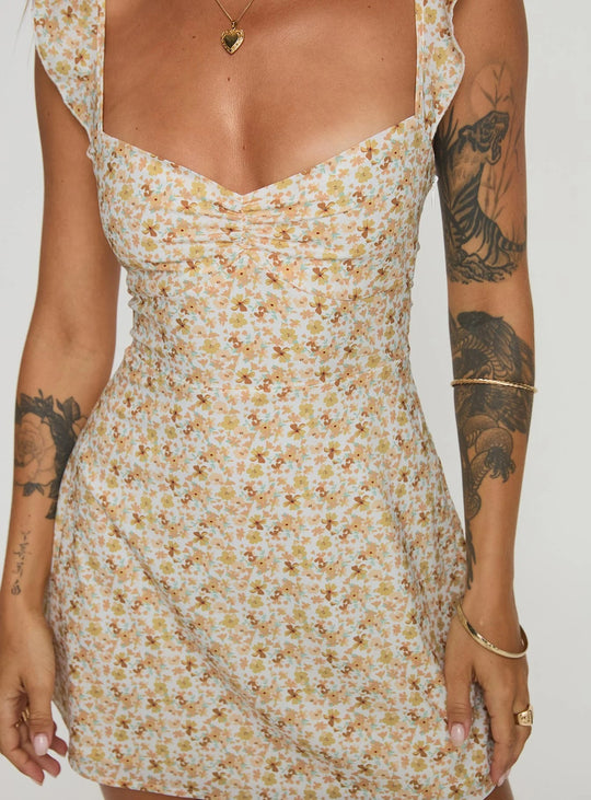 Damen romantisches Sommerkleid mit floralen Stickereien und Rüschendetails EB