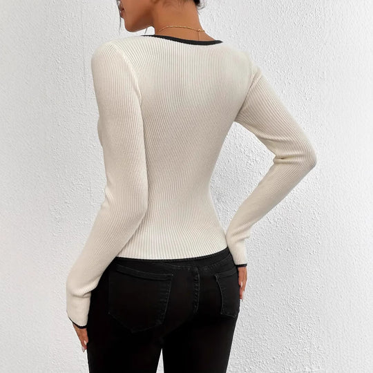 Damen Langarm Body mit V-Ausschnitt und feinen Rippdetails EB