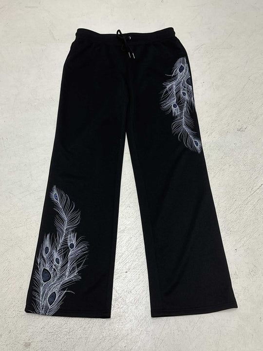 Damen nan weite Loungehose mit Kordelzug, hohem Komfortbund und Pfauenfeder-Print EB
