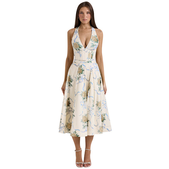Damen Elegantes Blumen-Midikleid mit tiefem V-Ausschnitt EB