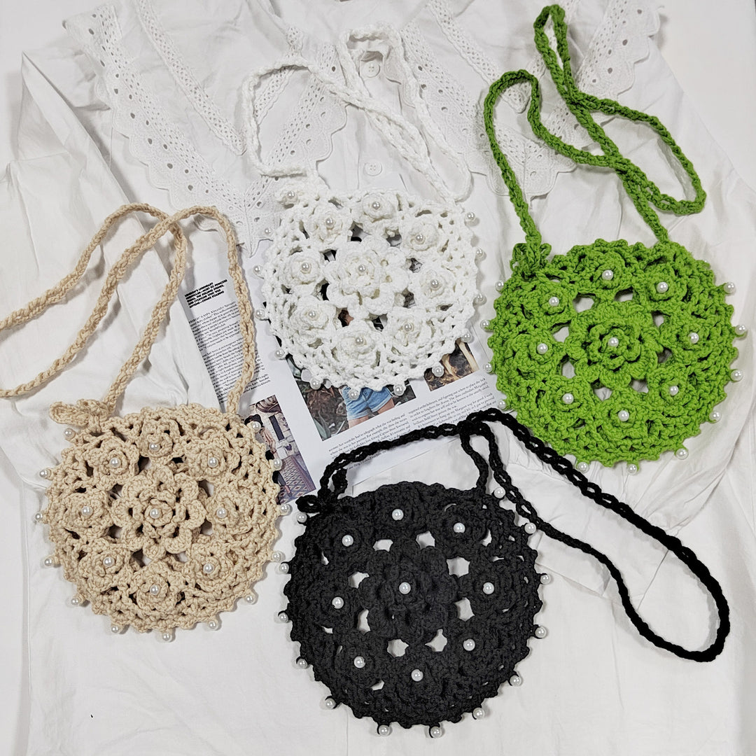 Damen handgefertigte Häkel-Handtasche mit Perlenschmuck EB