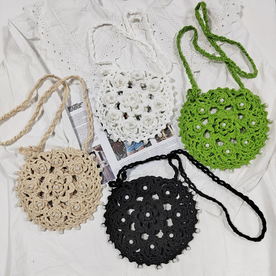Damen handgefertigte Häkel-Handtasche mit Perlenschmuck EB