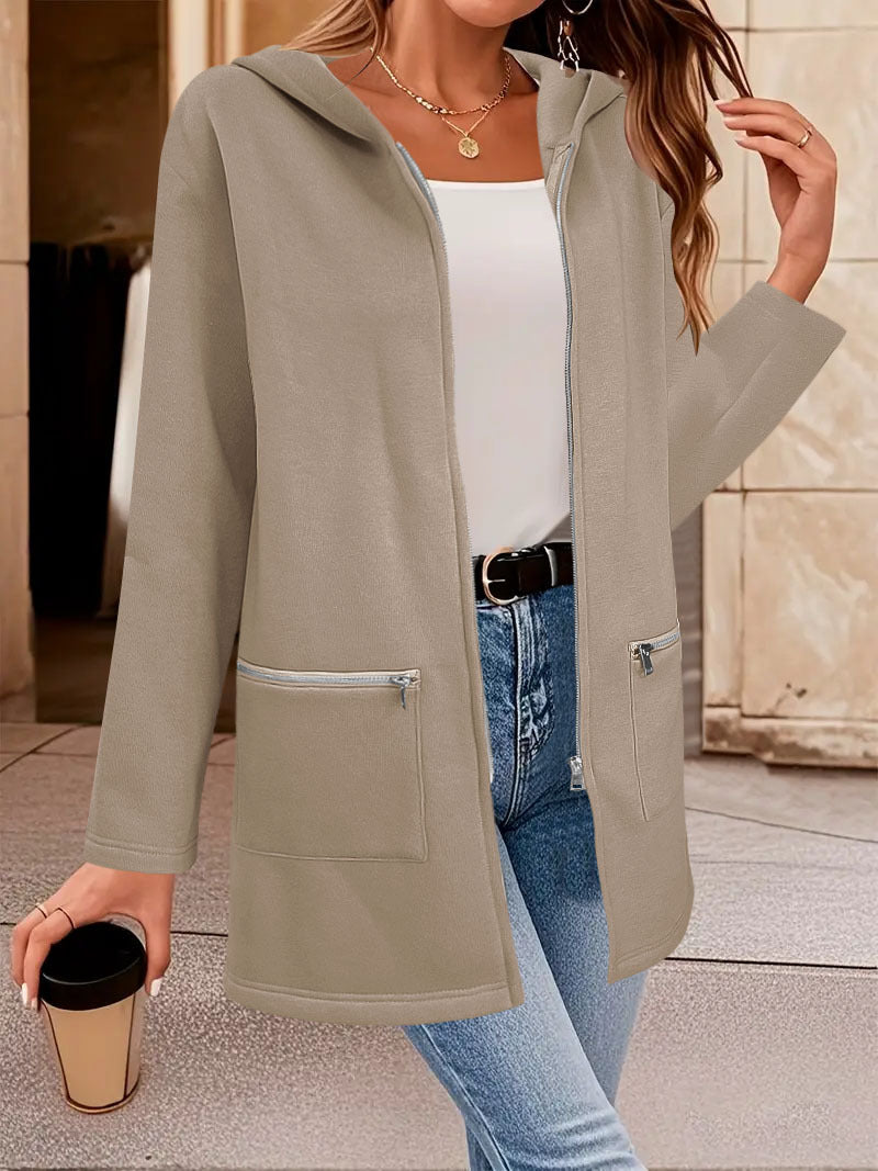 Damen Lange Strickjacke mit durchgehendem Reißverschluss und praktischen Taschen EB