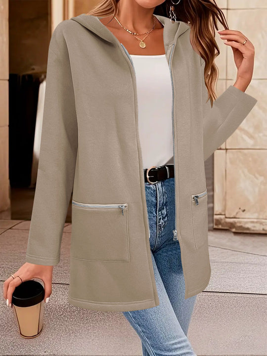 Damen Lange Strickjacke mit durchgehendem Reißverschluss und praktischen Taschen EB