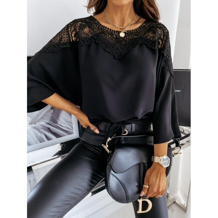 Damen nan elegante Spitzenbluse mit Bindeschleife und überschnittenen Ärmeln EB