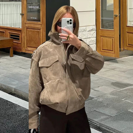 Damen Modische Oversized-Wildlederjacke mit praktischen Taschen und hohem Kragen EB