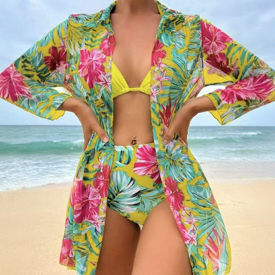 Damen Bikiniset mit floralem Muster und transparenter Strandüberwurf EB
