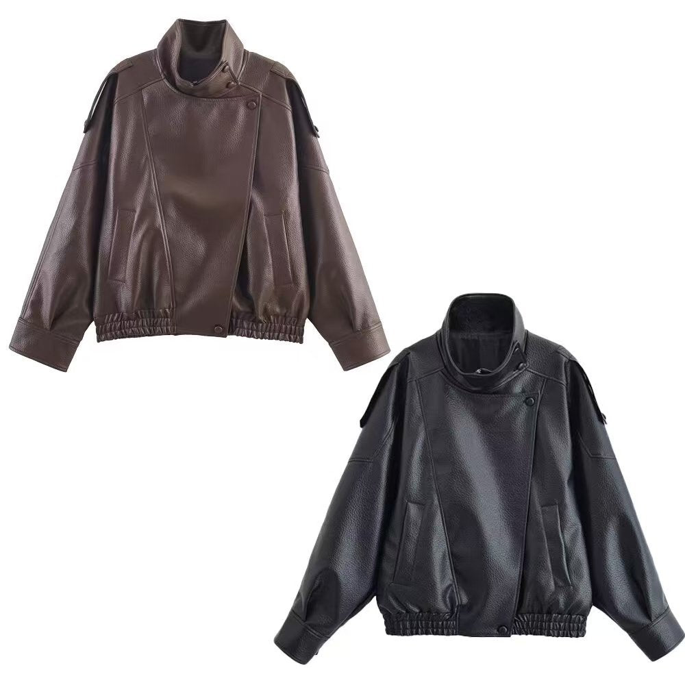 Damen nan Oversize Kunstleder-Bomberjacke mit hohem Stehkragen, Druckknopfblende und smockbündchen EB