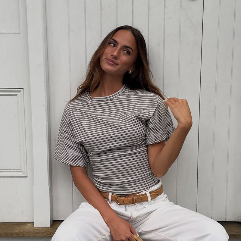 Damen modernes Kurzarm-Top mit lässigem Streifenmuster und elegantem Schnitt EB