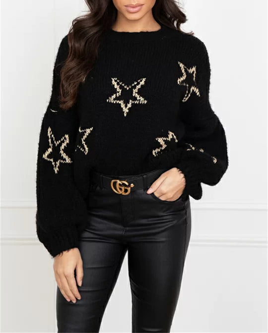 Damen Strickpullover mit Sternen-Design und weit ausgestellten Ärmeln EB