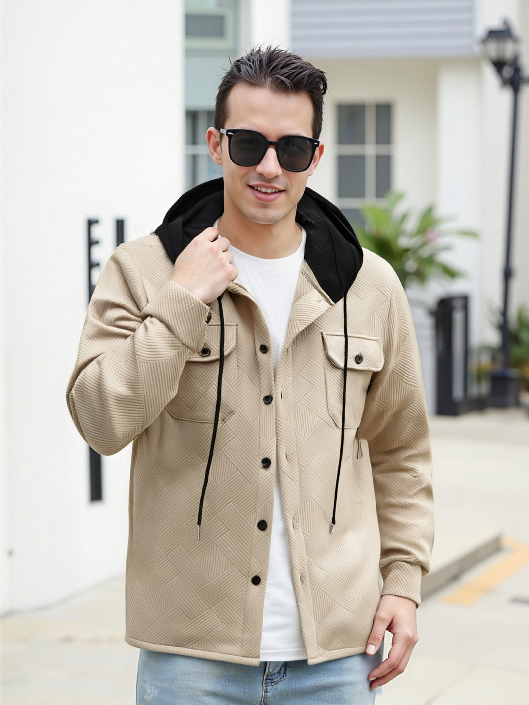 Herren modische Hybrid-Jacke mit abnehmbarer Kapuze und praktischen Taschen EB