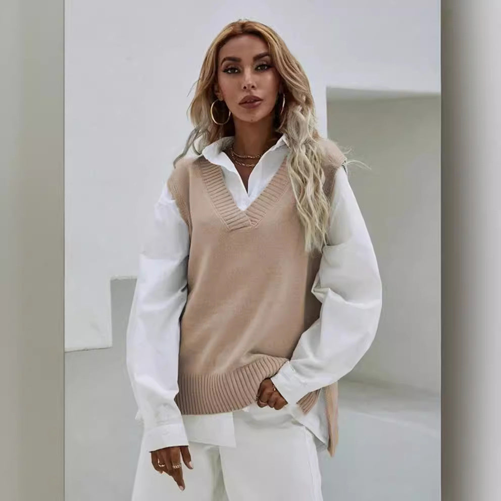Damen Strickweste mit V-Ausschnitt und breitem Rippdesign EB