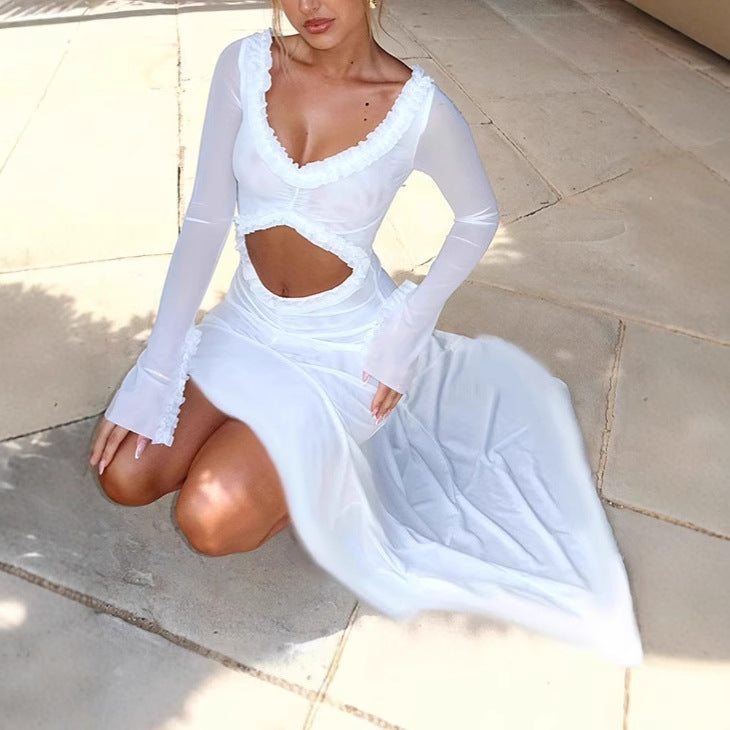 Damen Elegantes Off-Shoulder Maxikleid mit raffinierten Cut-Out-Details und schwingendem Saum EB
