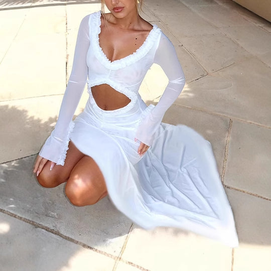 Damen Elegantes Off-Shoulder Maxikleid mit raffinierten Cut-Out-Details und schwingendem Saum EB