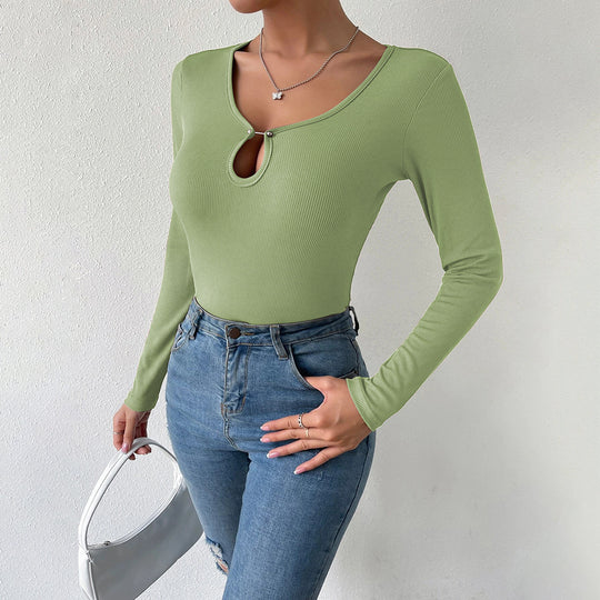 Damen geripptes Langarm-Top mit Keyhole-Detail, zierlichen Zierknöpfen und sculptender Stretch-Passform Eichborn Berlin