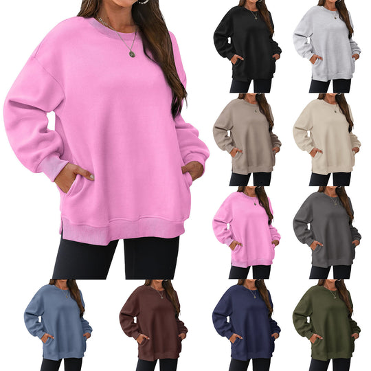 Damen nan verlängertes Oversize Rundhalspullover mit seitlichen Eingrifftaschen, Rippbündchen und überschnittener Schulter EB