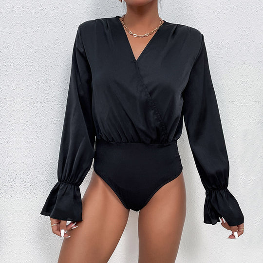 Damen Elegantes Langarmbody mit Wickeloptik und Volantärmeln EB