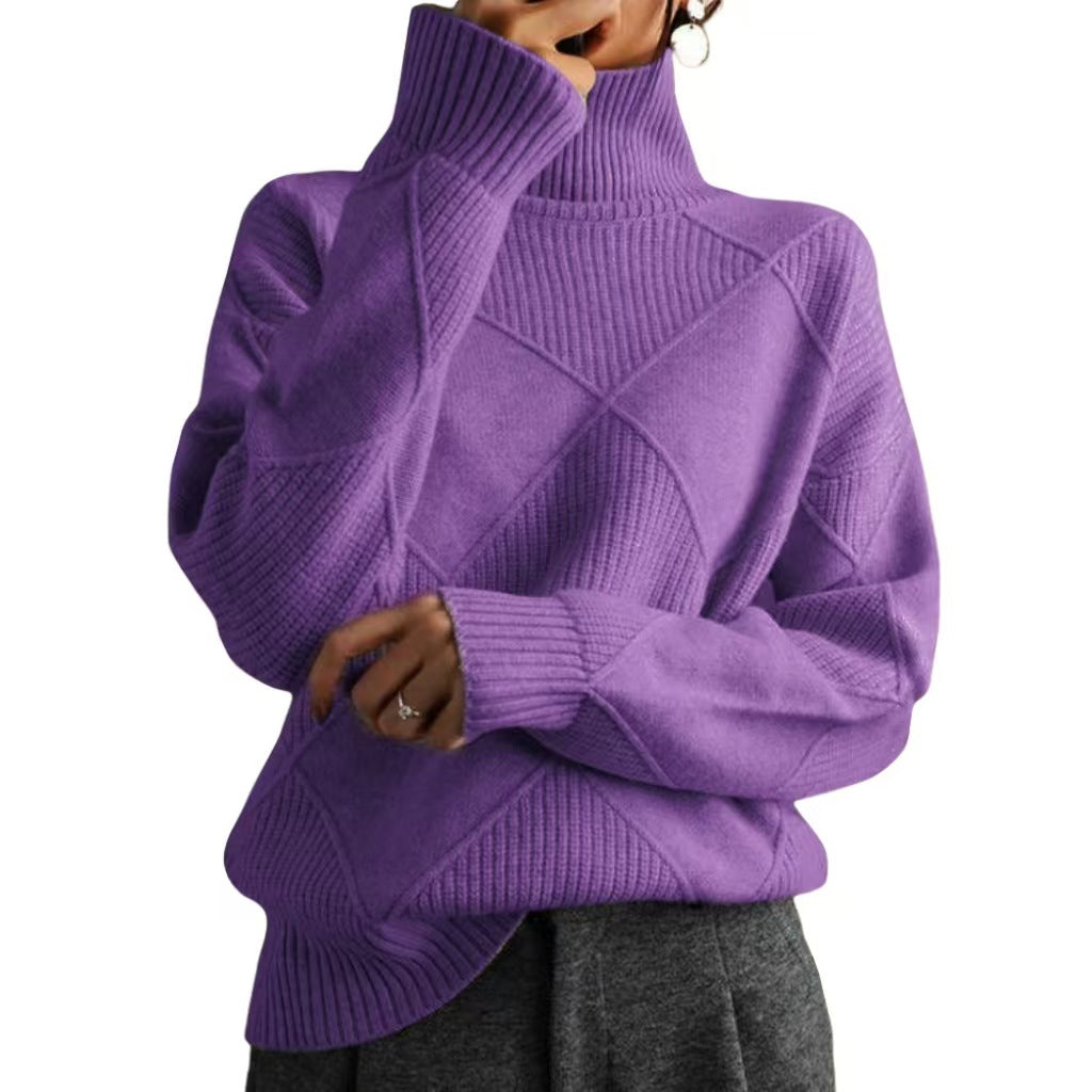 Damen hochwertiger Strickpullover mit stehendem Kragen und extravagantem Rautenmuster EB