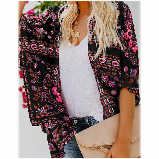 Damen luftiger Kimono mit floralem Muster und weitem Schnitt EB