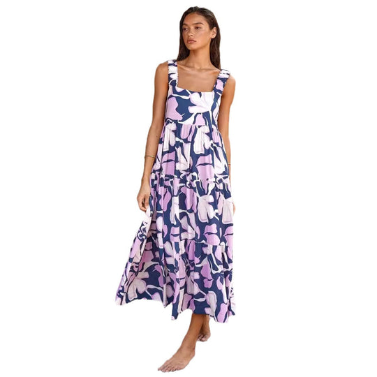 Damen Maxikleid mit elastischen Trägern und fließendem Rock EB