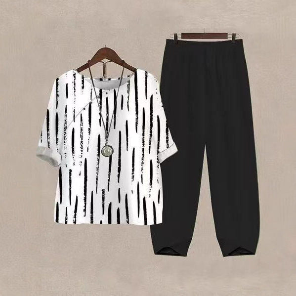 Damen nan weites Shirt mit Pinselstrichmuster, überschnittener Schulter und elastischer Komforthose mit Gummizug EB