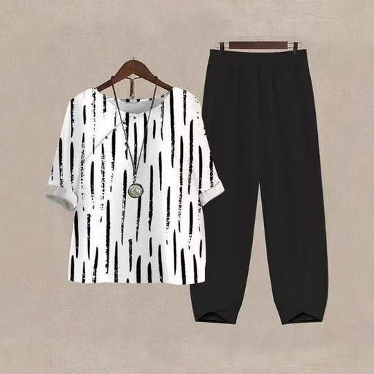Damen nan weites Shirt mit Pinselstrichmuster, überschnittener Schulter und elastischer Komforthose mit Gummizug EB