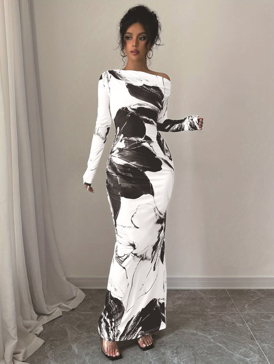Damen Elegantes Maxikleid mit asymmetrischem Design und modernem Druck EB