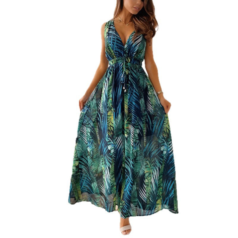 Damen Maxikleid mit floralem Druck und tiefer V-Ausschnitt EB