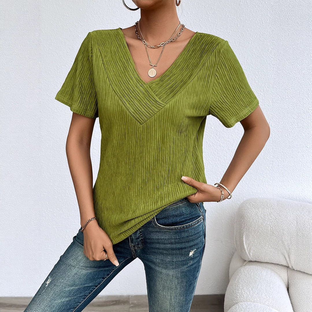 Damen lässiges V-Ausschnitt Shirt mit fließendem Design und kurzen Ärmeln EB