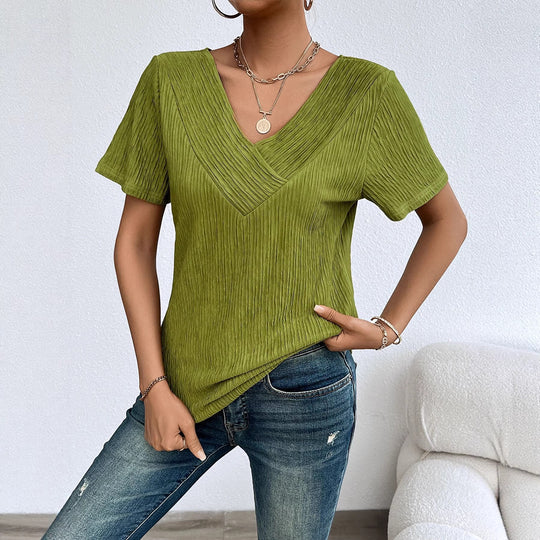 Damen lässiges V-Ausschnitt Shirt mit fließendem Design und kurzen Ärmeln EB