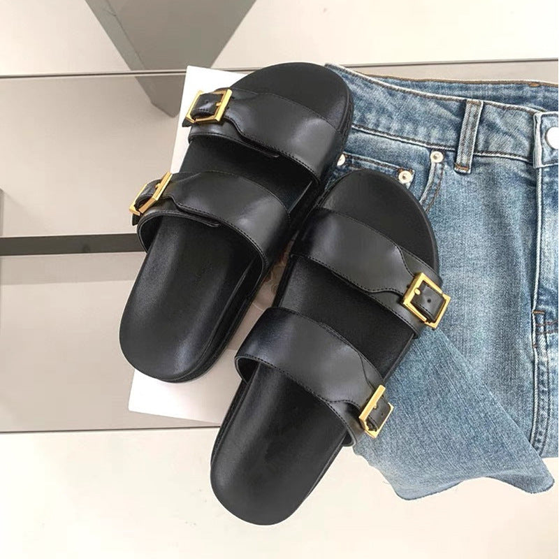 Damen modische Sandalen mit doppeltem Riemendesign und goldenen Schnallen EB