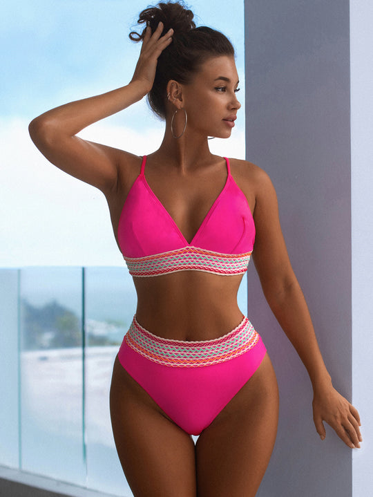 Damen Hochtailliertes Bikini-Set mit gestreiftem Bund EB