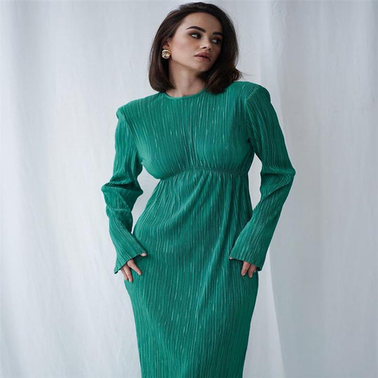 Damen Elegantes Maxikleid mit strukturierten Falten und langen Ärmeln EB
