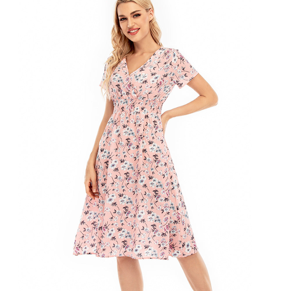 Damen Maxikleid mit floralen Mustern und elastischem Taillenbund EB