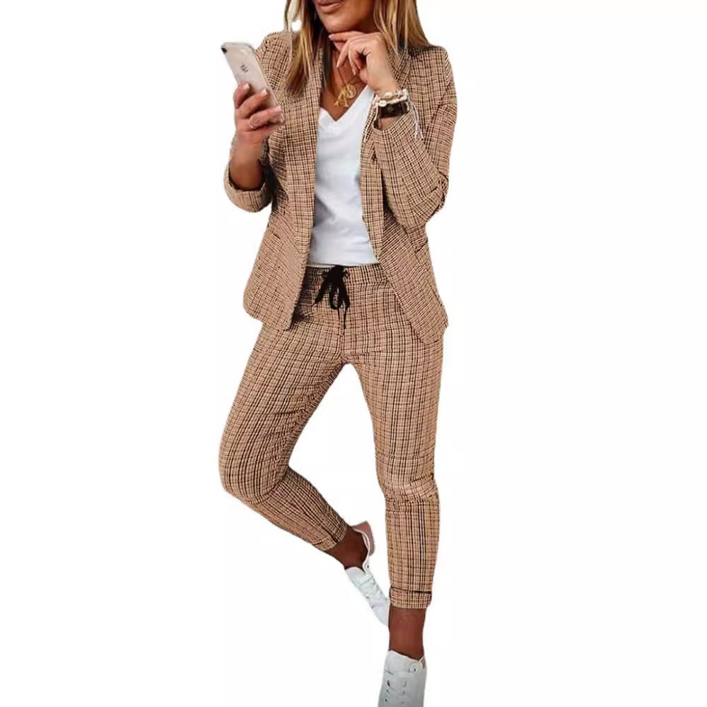 Damen nan lässig-elegantes Karozweiteiler Blazer mit Tunnelzug-Slimhose EB