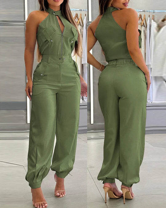 Damen modischer einteiliger Overall mit hohem Kragen und praktischen Taschen EB