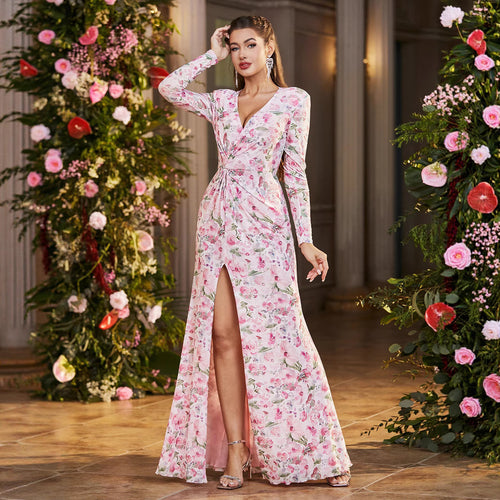 Damen Florales Maxikleid mit ärmellosem Design und hohem Schlitz EB