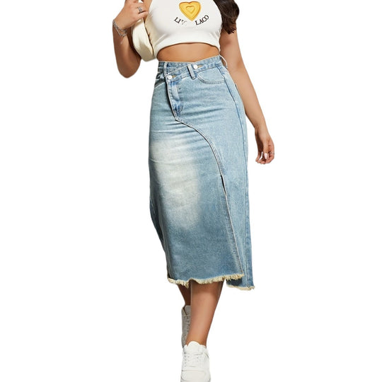 Damen Jeansrock mit seitlichem Schlitz und fransigem Saum EB