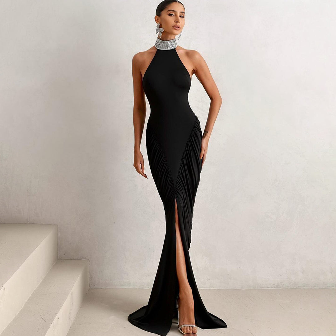 Damen Elegantes Maxikleid mit voluminösem Rüschen-Design und hohem Kragen EB
