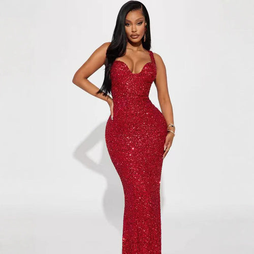 Damen Glamouröses Pailletten Abendkleid mit tiefem Ausschnitt EB